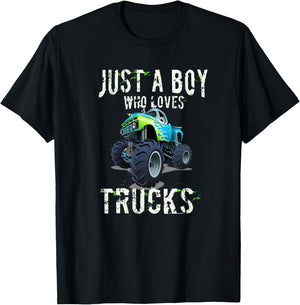 Kids Monster Truck T Shirt Gift Just a Boy Who Loves Trucks T-Shirt - T-Shirt | Black