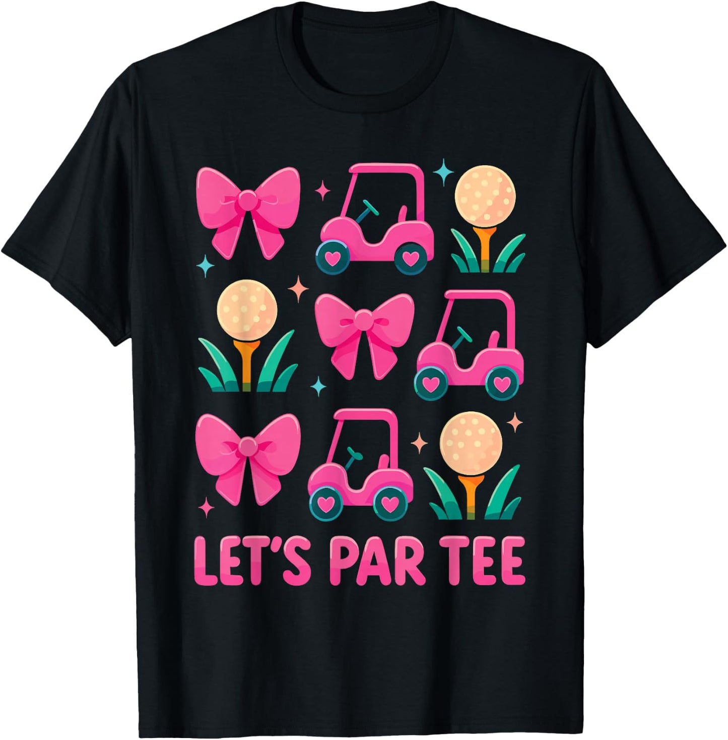 Let's Par Cute Pink Golf Cart Bow Pattern Golfer Graphic T-Shirt - T-Shirt | Black