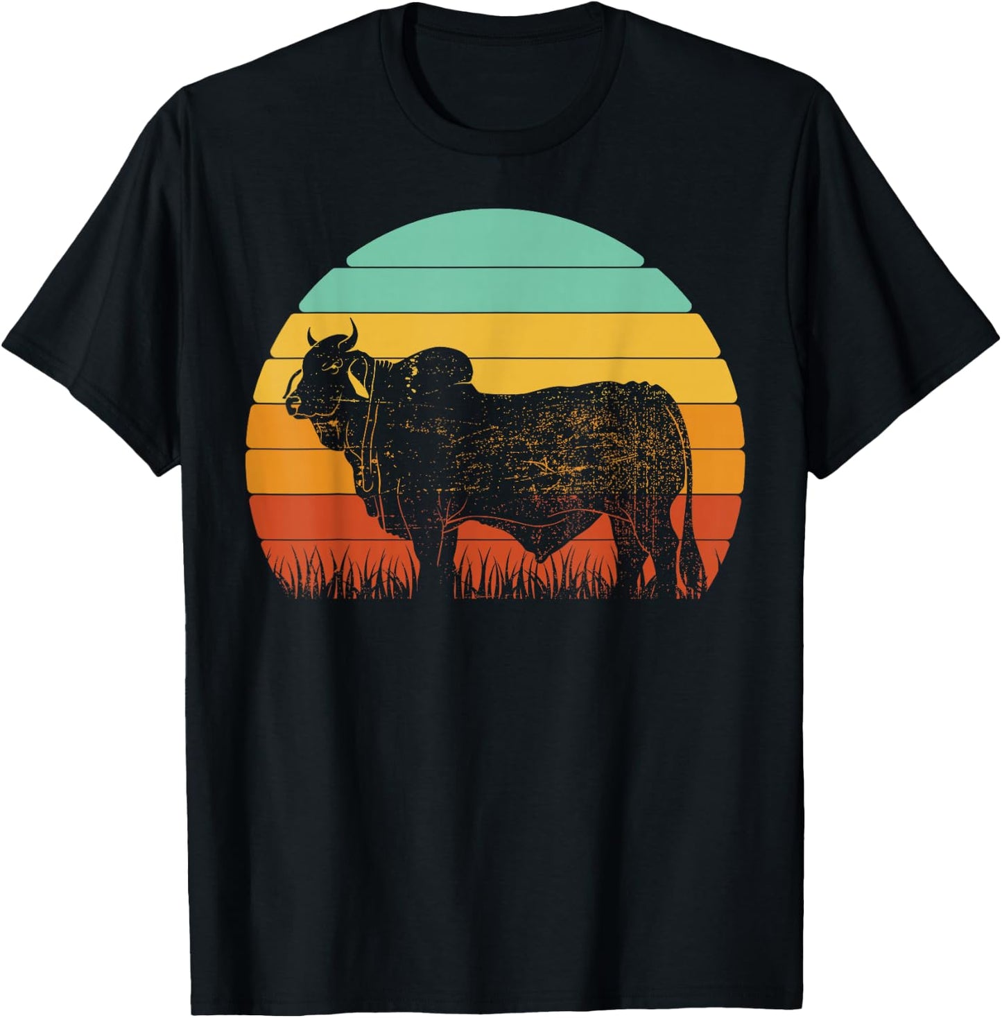 Retro Sunset Cow Farmer Brahman Cattle T-Shirt - T-Shirt | Black