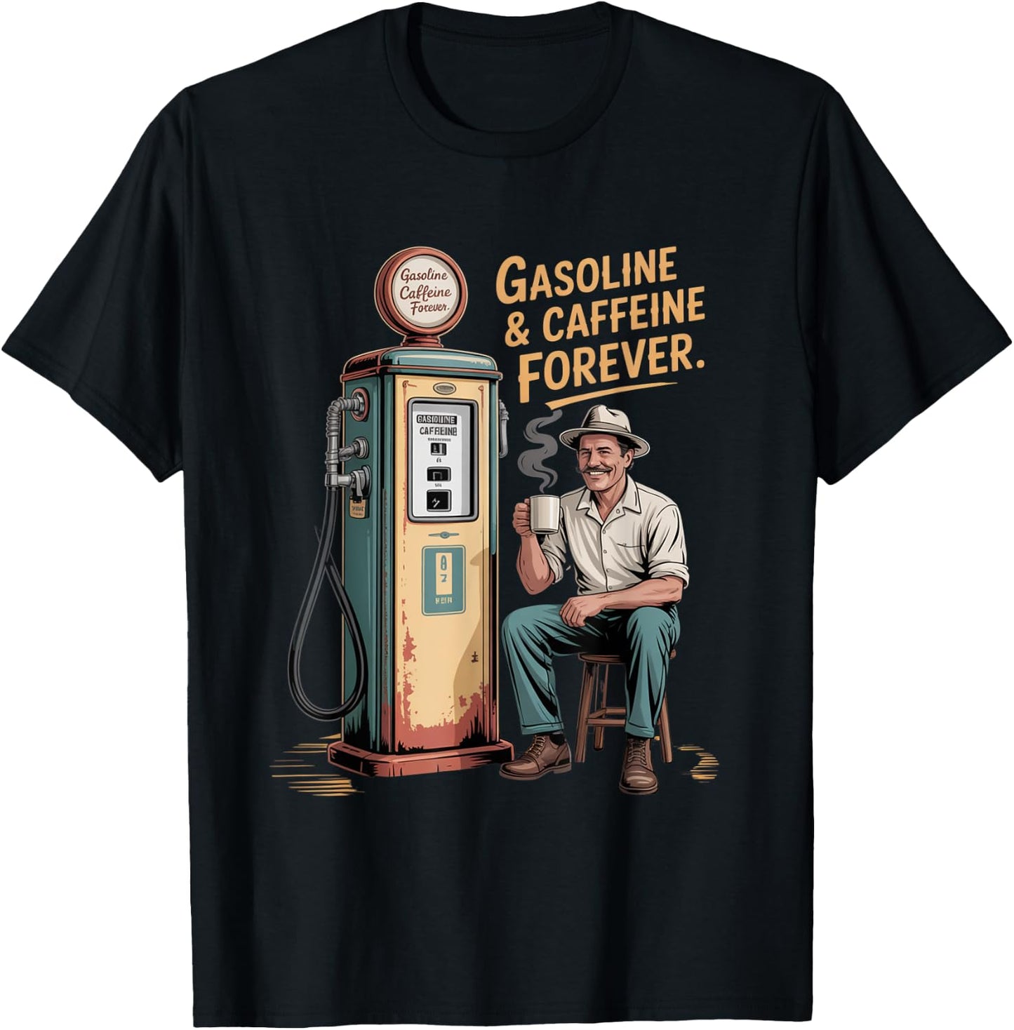 Vintage Gas Pump Powered By Gasoline And Caffeine T-Shirt - T-Shirt | Black
