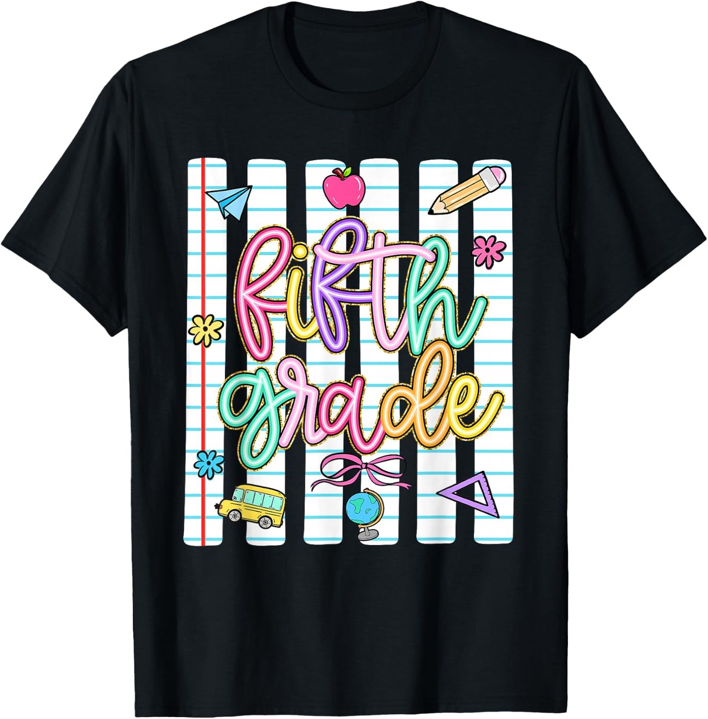 Striped Preppy Fifth Grade Back to School Teacher Girl Kids T-Shirt - T-Shirt | Black