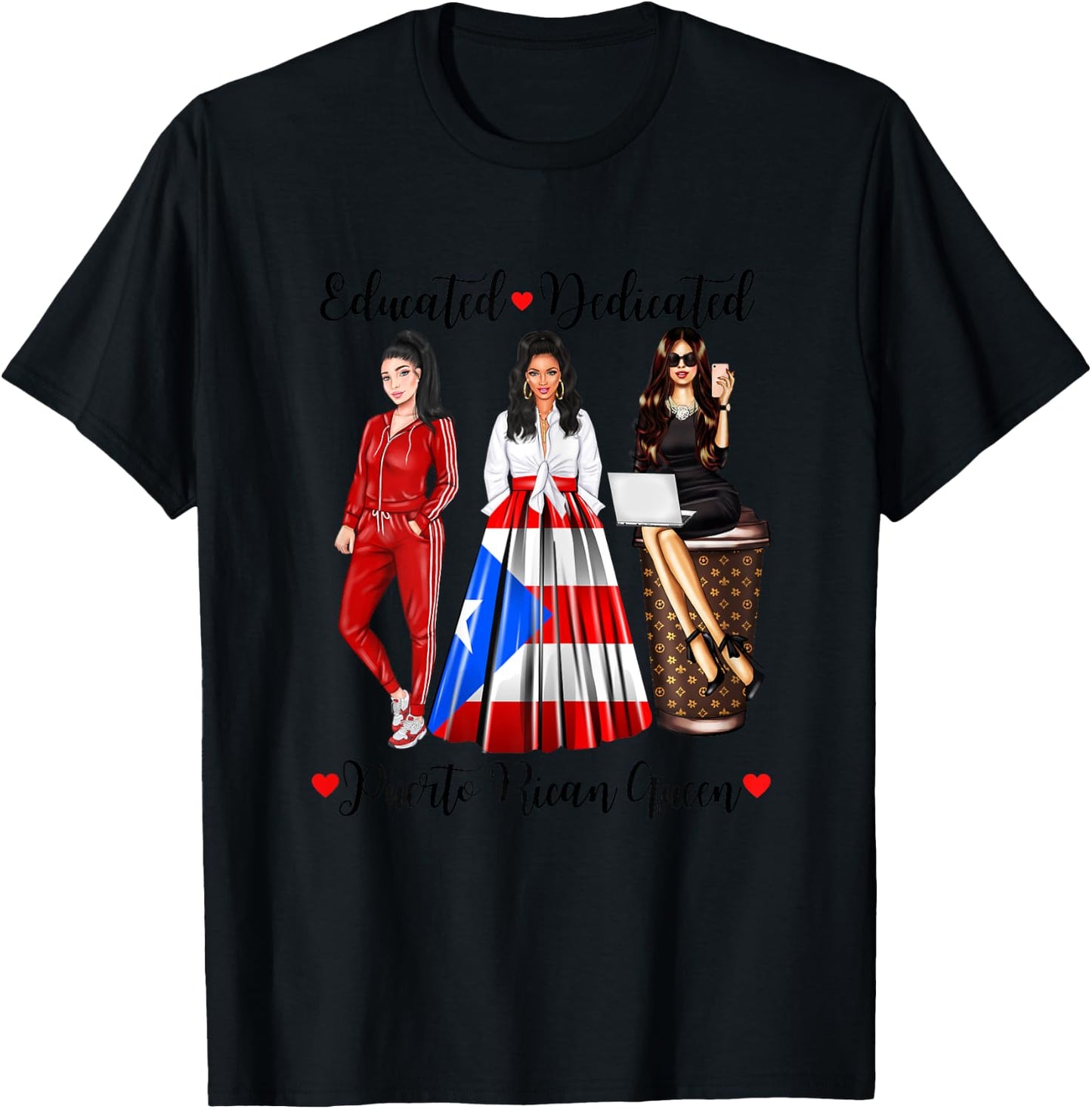 Educated Dedicated Puerto Rico Queen Flag Coffee Rican Woman T-Shirt - T-Shirt | Black