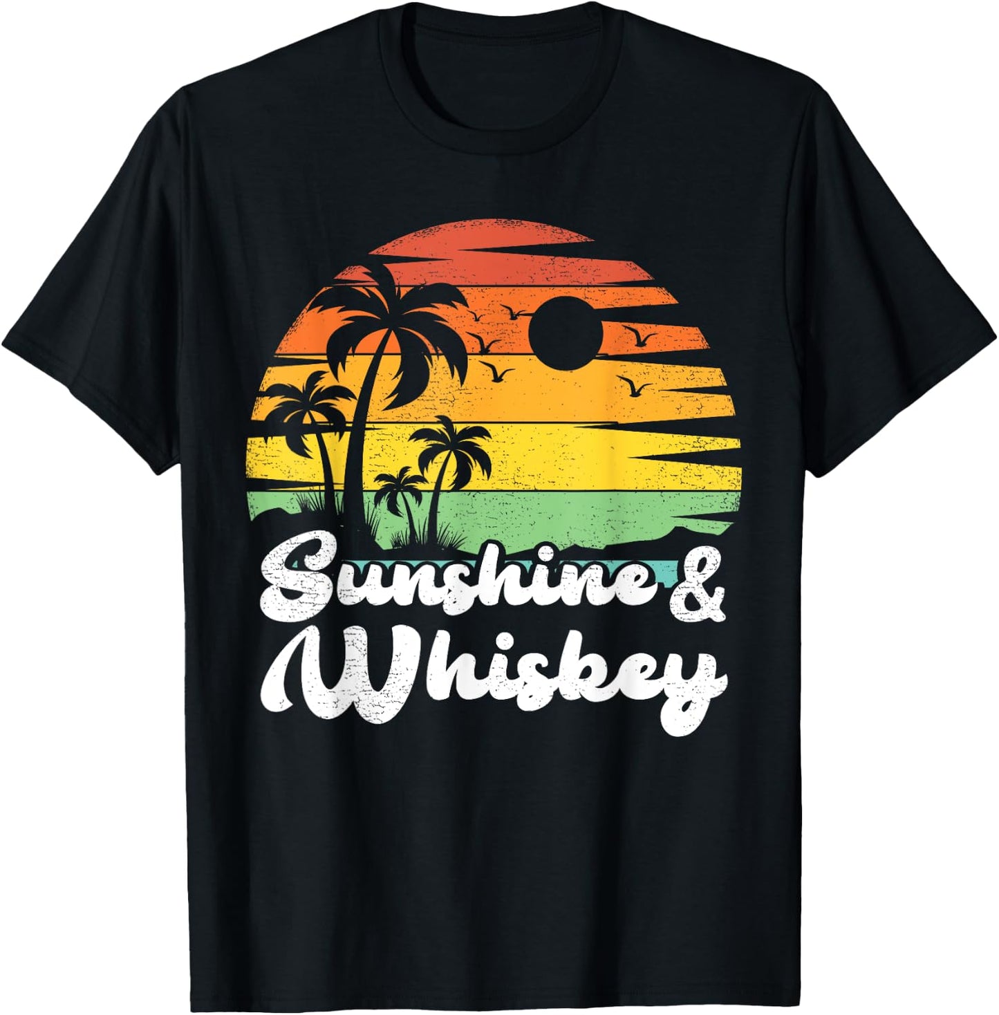 Palm Tree Vintage Sunset Sunshine And Whiskey Beach Vacation Men Women T-Shirt - T-Shirt | Black