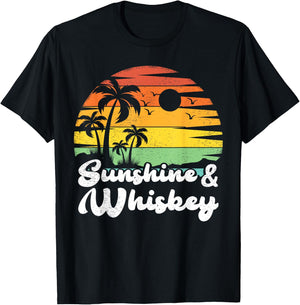 Palm Tree Vintage Sunset Sunshine And Whiskey Beach Vacation Men Women T-Shirt - T-Shirt | Black