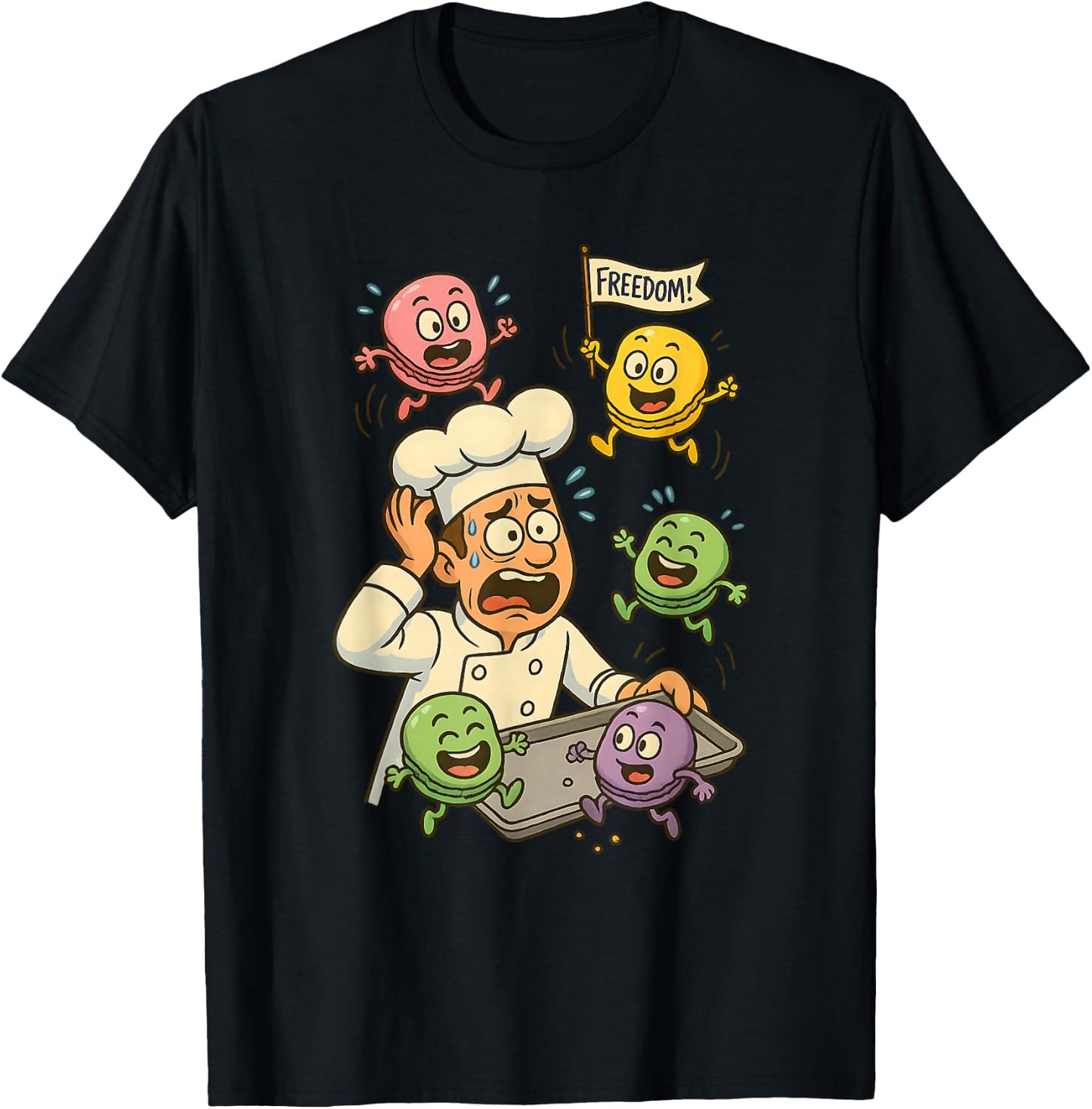Funny Cartoon Chef & Escaping Macarons Baking Humor T-Shirt - T-Shirt | Black