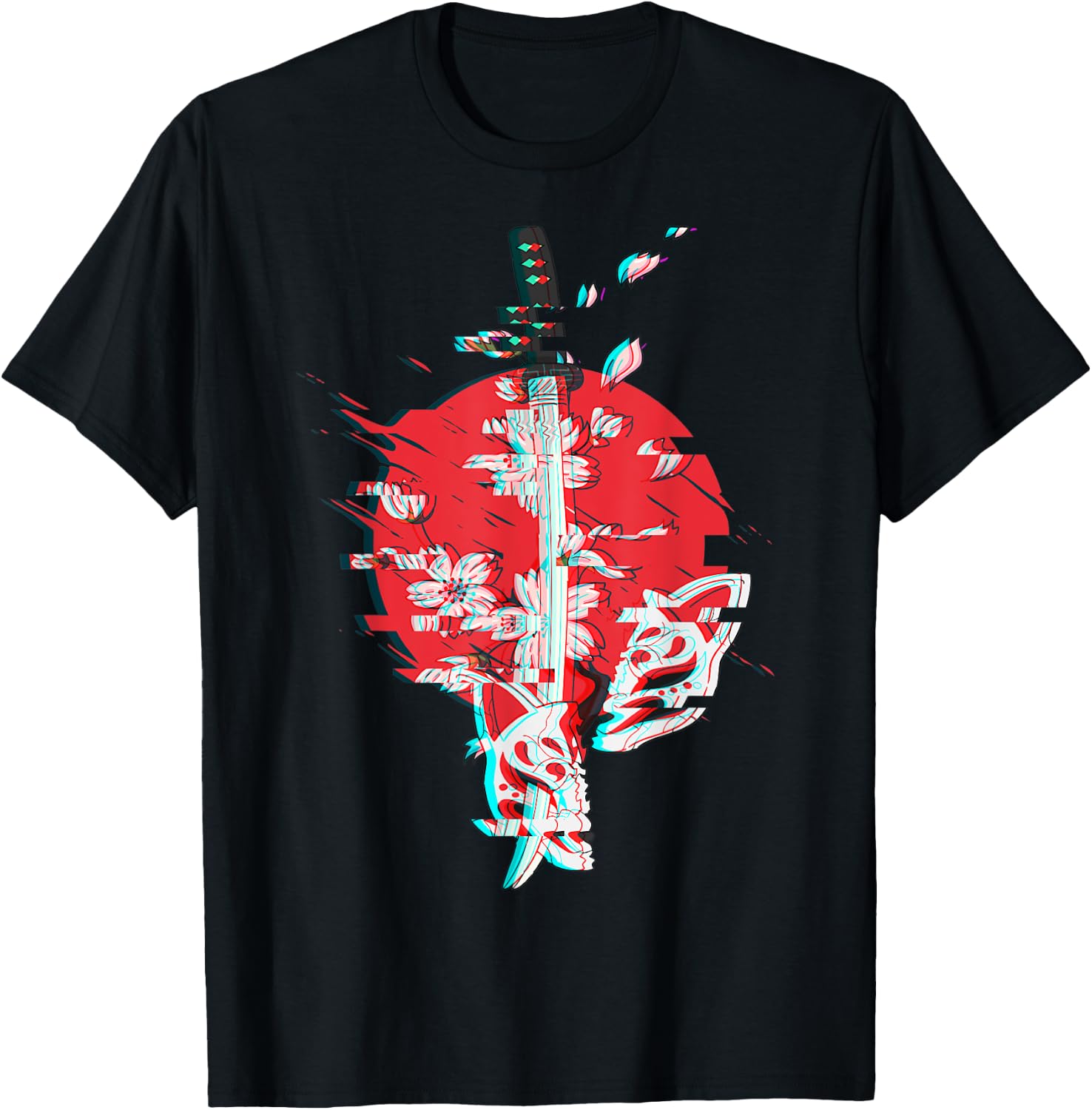 Japanese Anime Mask Kitsune Samurai Oni Monster Vaporwave T-Shirt - T-Shirt | Black
