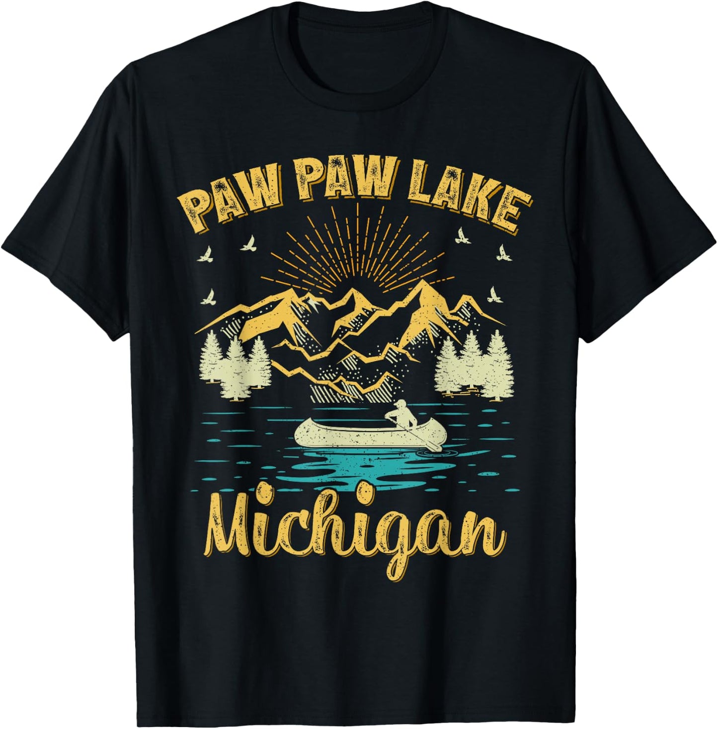 Summer Vacation Retro Mountain Michigan Paw Paw Lake Men Women Kids T-Shirt - T-Shirt | Black