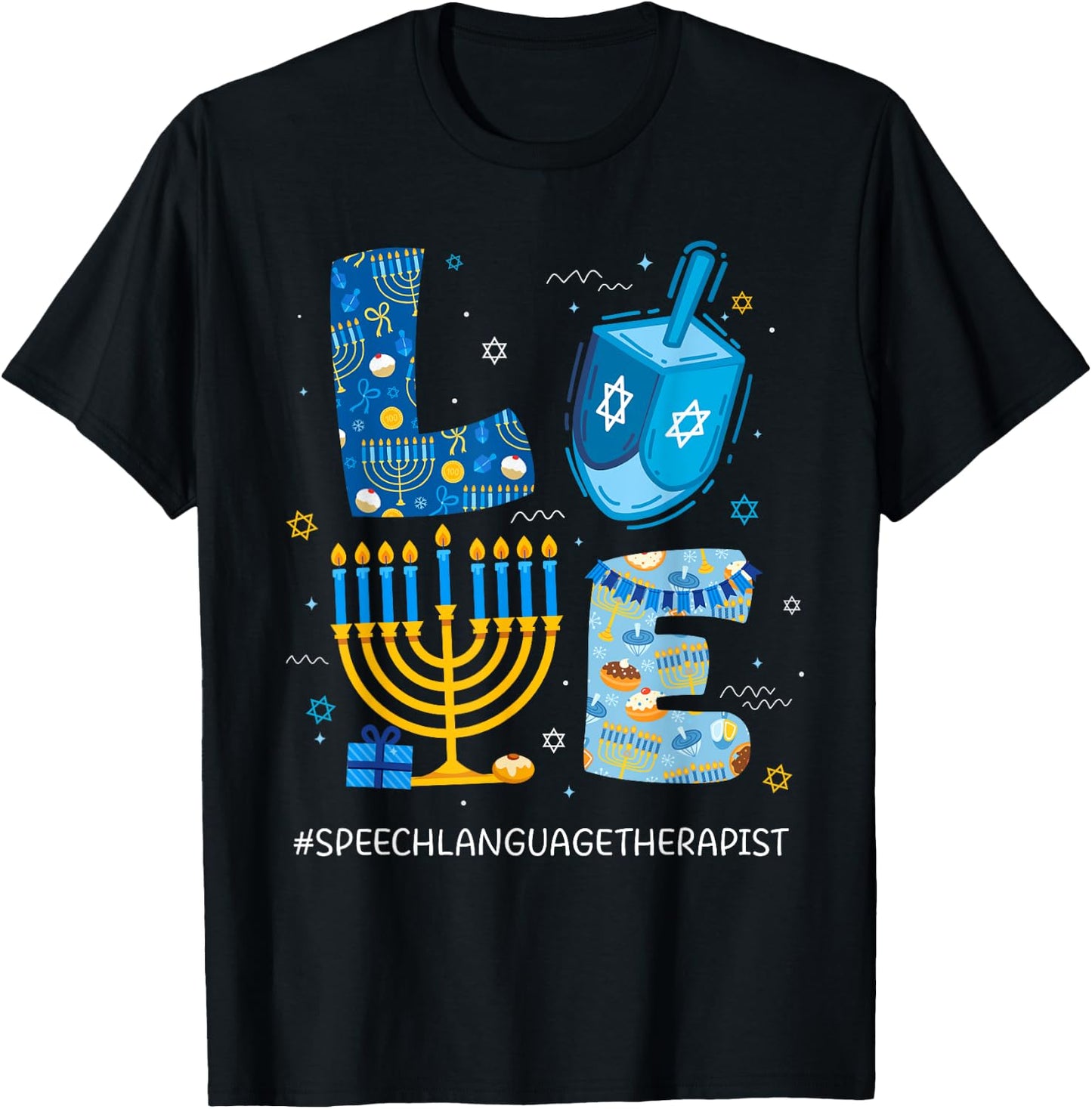 Funny LOVE Speech Language Therapist Menorah Jewish Hanukkah T-Shirt - T-Shirt | Black