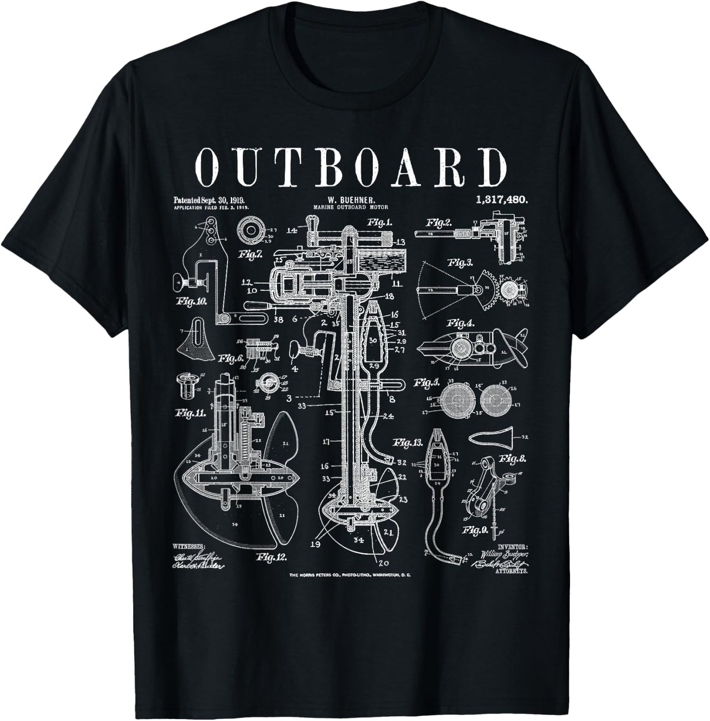 Fishing Boat Outboard Marine Motor Vintage Patent Print T-Shirt - T-Shirt | Black