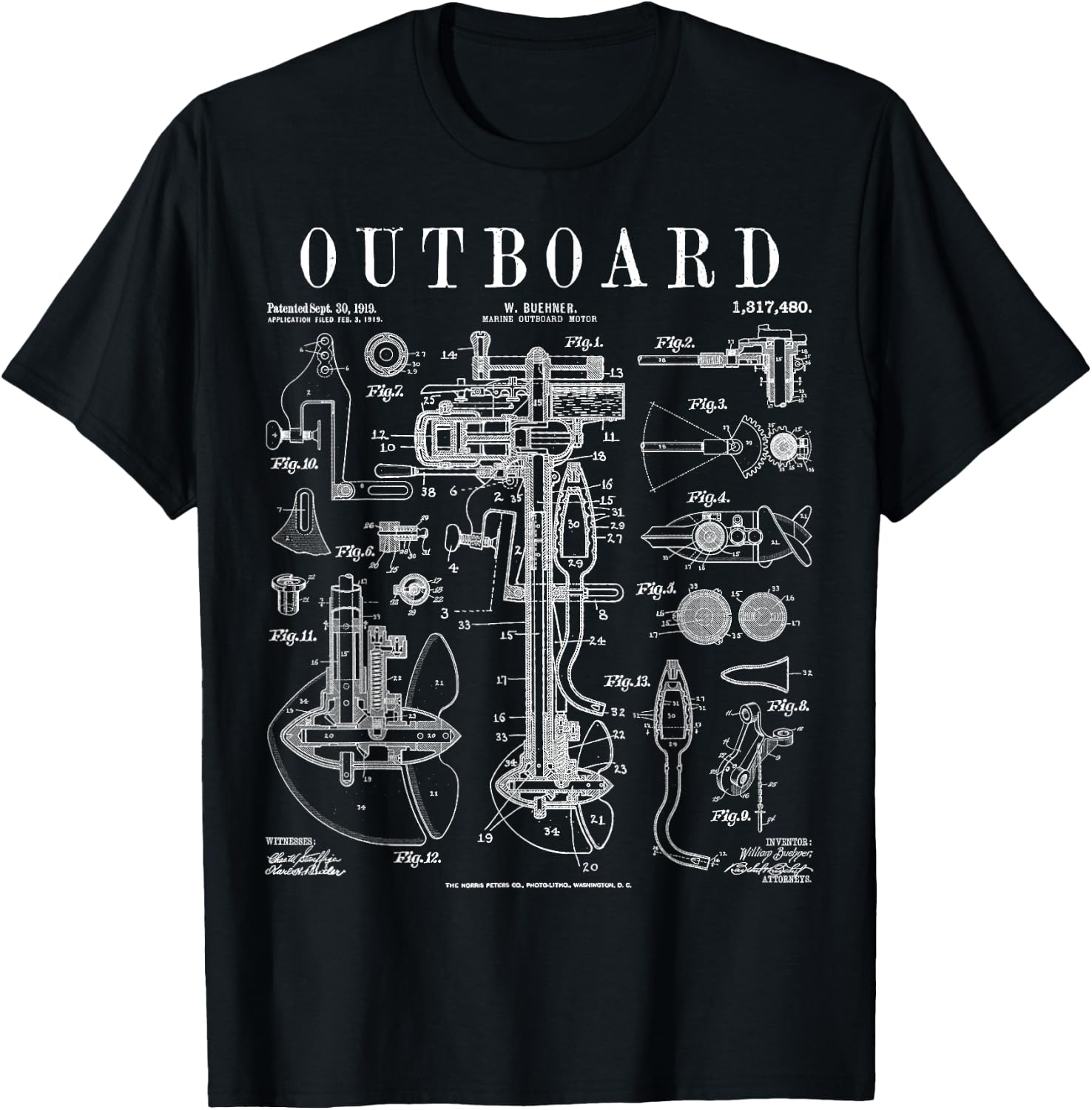 Fishing Boat Outboard Marine Motor Vintage Patent Print T-Shirt - T-Shirt | Black