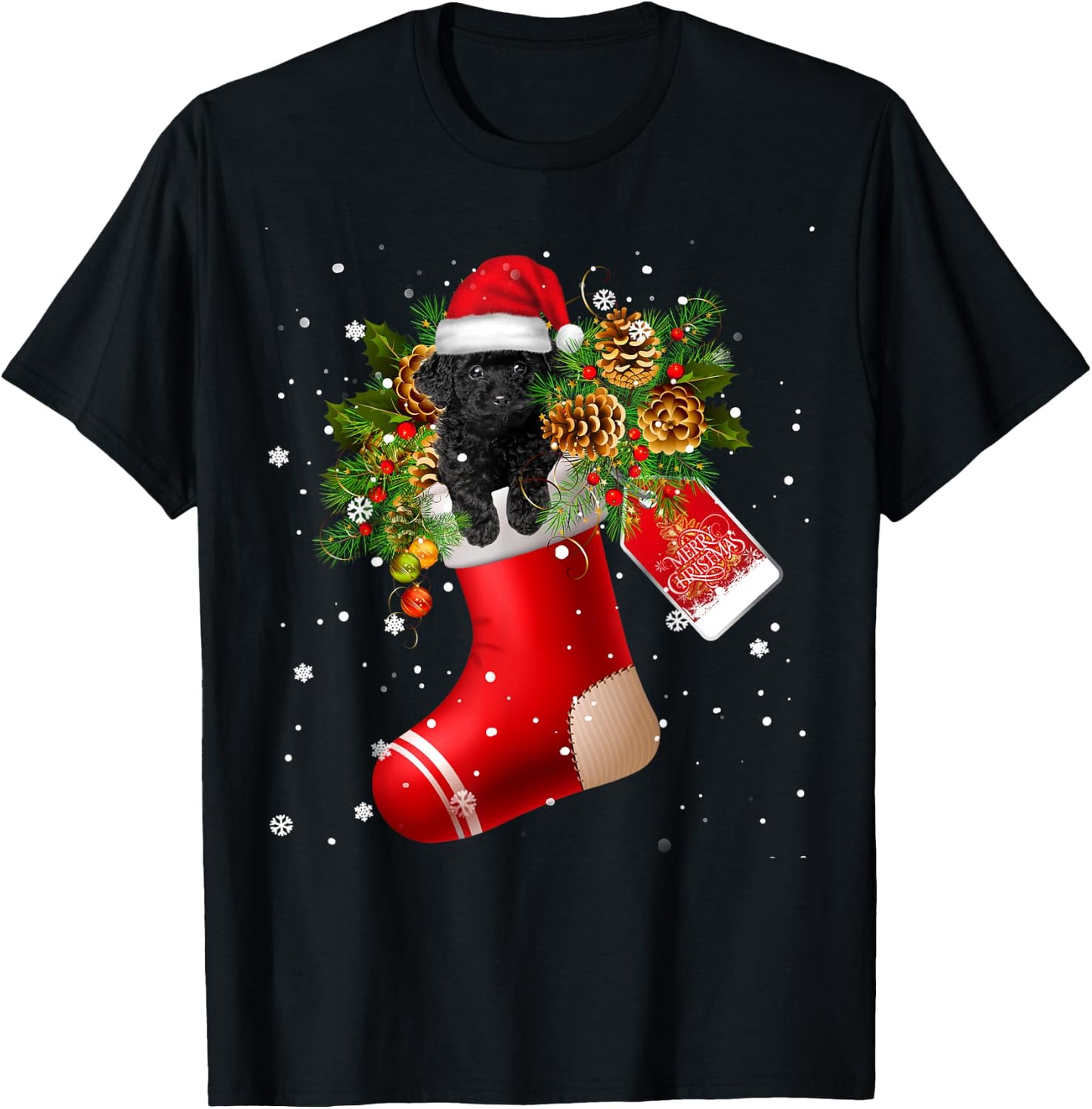 Santa Black Toy Poodle In Christmas Sock Pajama T-Shirt - T-Shirt | Black