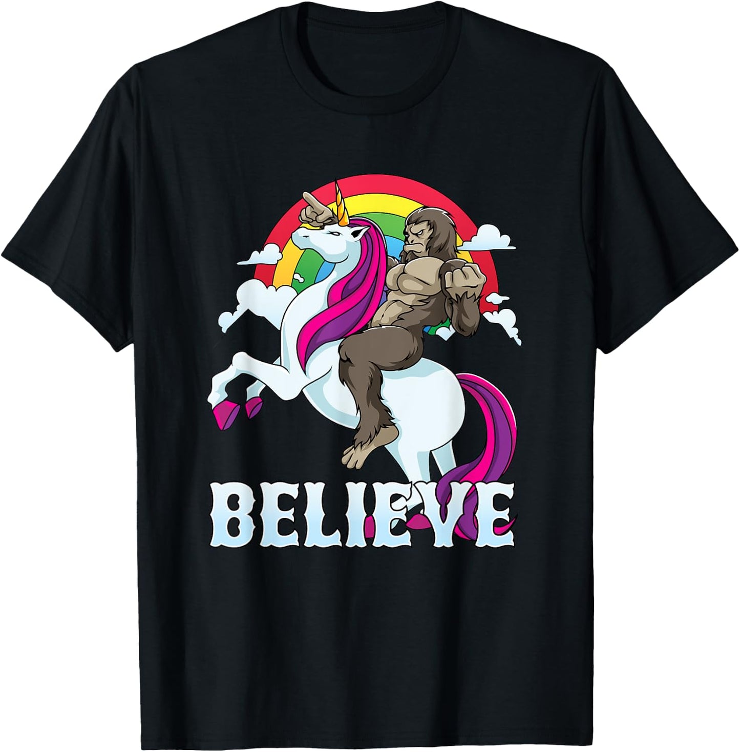 Bigfoot Riding Unicorn Believe Sasquatch Faith Rainbow T-Shirt - T-Shirt | Black