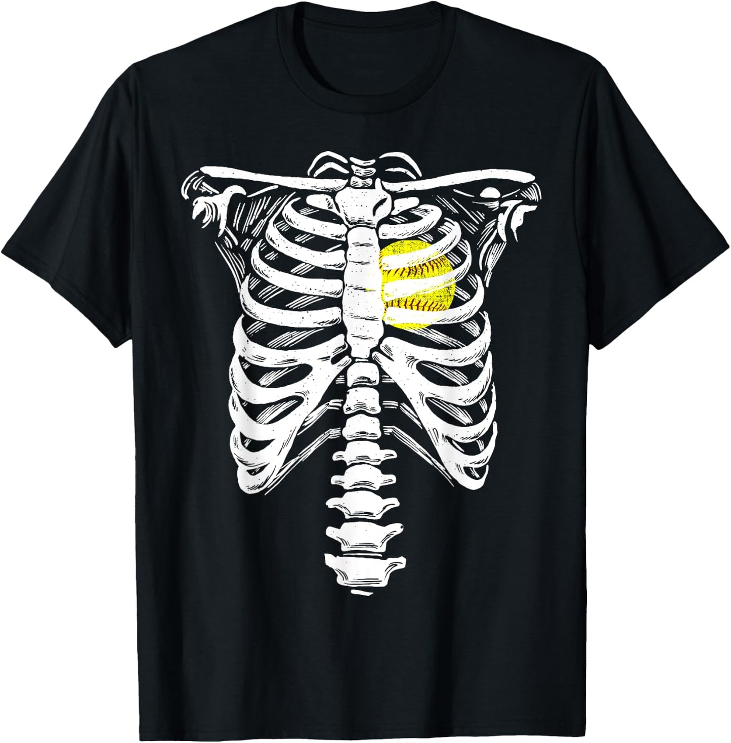 Softball Heart Skeleton Rib Cage Halloween Love Softball T-Shirt - T-Shirt | Black