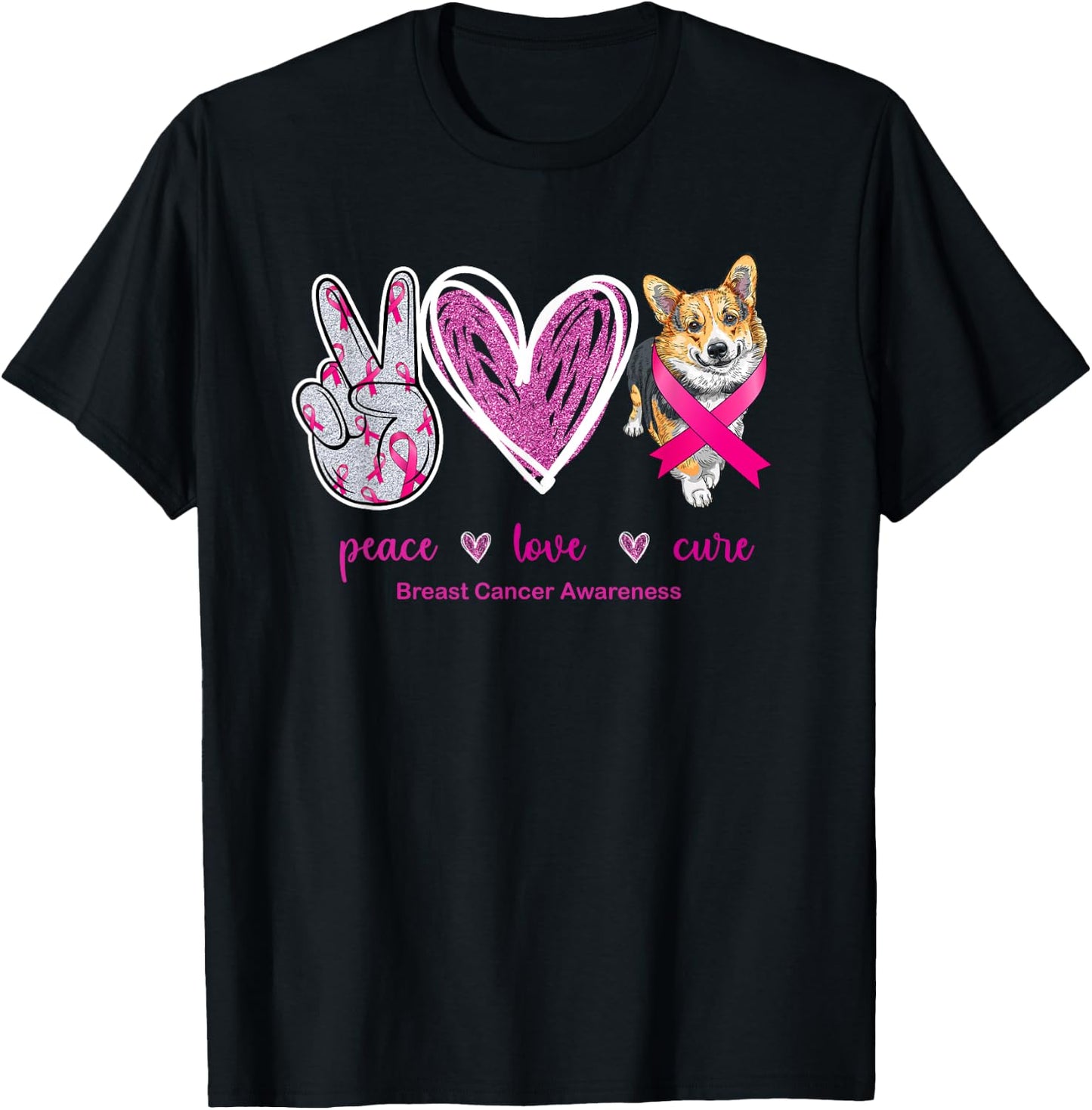 Peace Love Cure Corgi Dog Breast Cancer Awareness Women T-Shirt - T-Shirt | Black