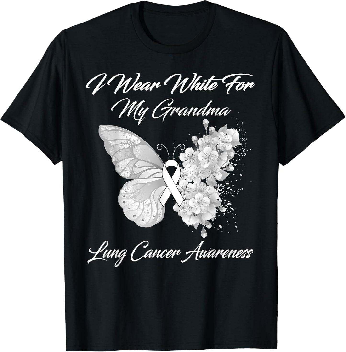 Butterfly I Wear White For My Grandma Lung Cancer Awareness T-Shirt - T-Shirt | Black