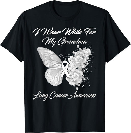 Butterfly I Wear White For My Grandma Lung Cancer Awareness T-Shirt - T-Shirt | Black