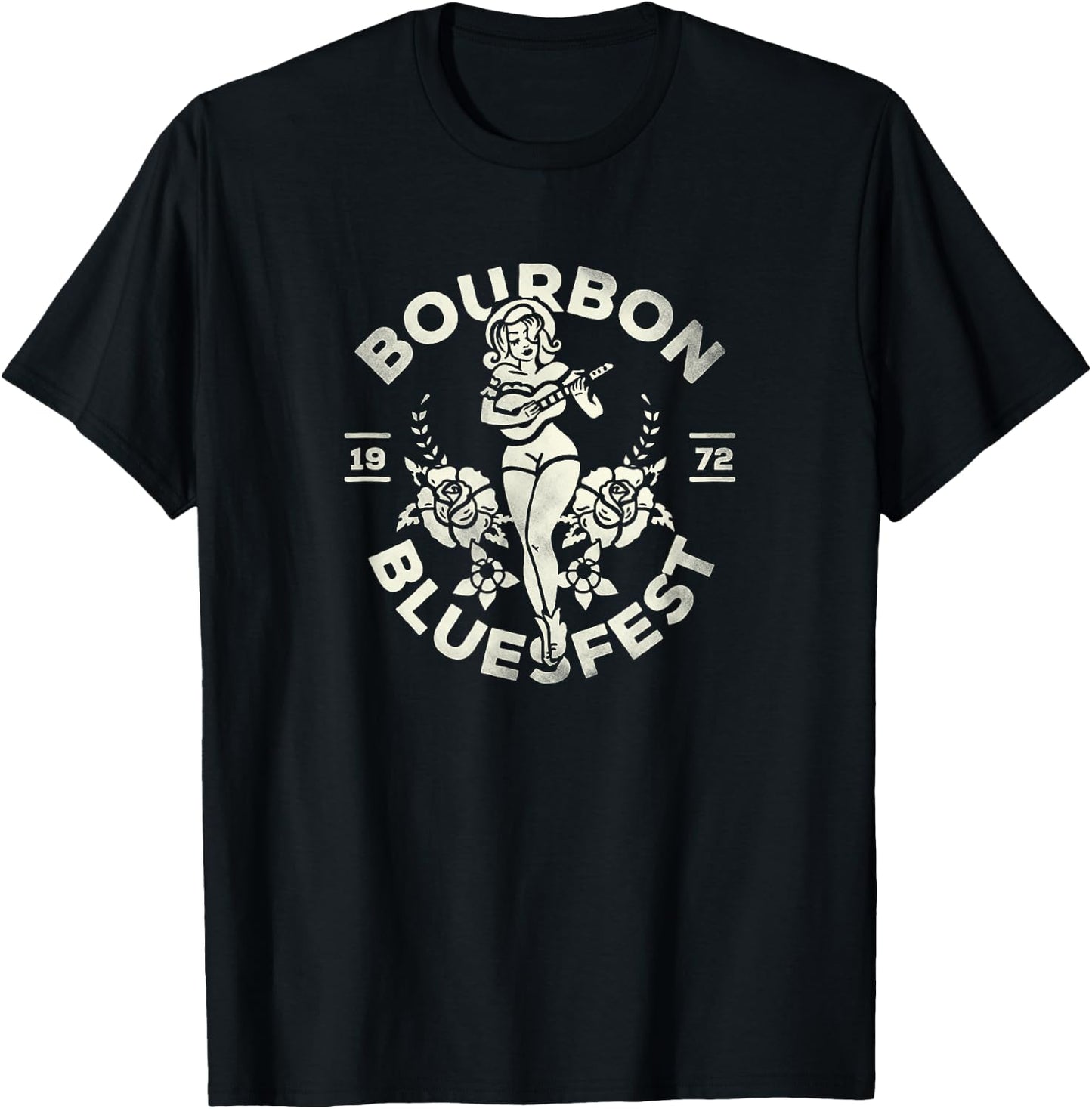 Bourbon Bluesfest 1972: Vintage Pinup Girl Playing Guitar T-Shirt - T-Shirt | Black