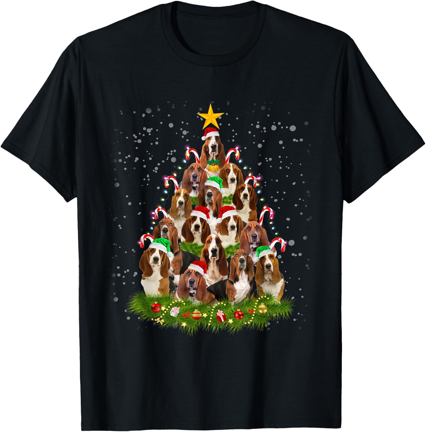 Basset Hound Merry Christmas Tree Light Pajama Basset Hound T-Shirt - T-Shirt | Black