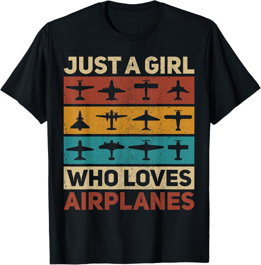 Just A Girl Who Loves Airplane Pilot Plane Aviation Airplane T-Shirt - T-Shirt | Black