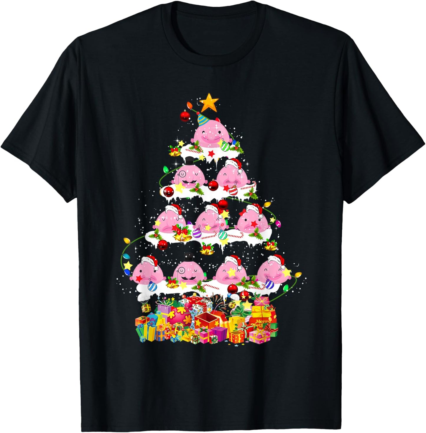 Santa Blobfish Christmas Tree Xmas Lights Blobfish Lover T-Shirt - T-Shirt | Black