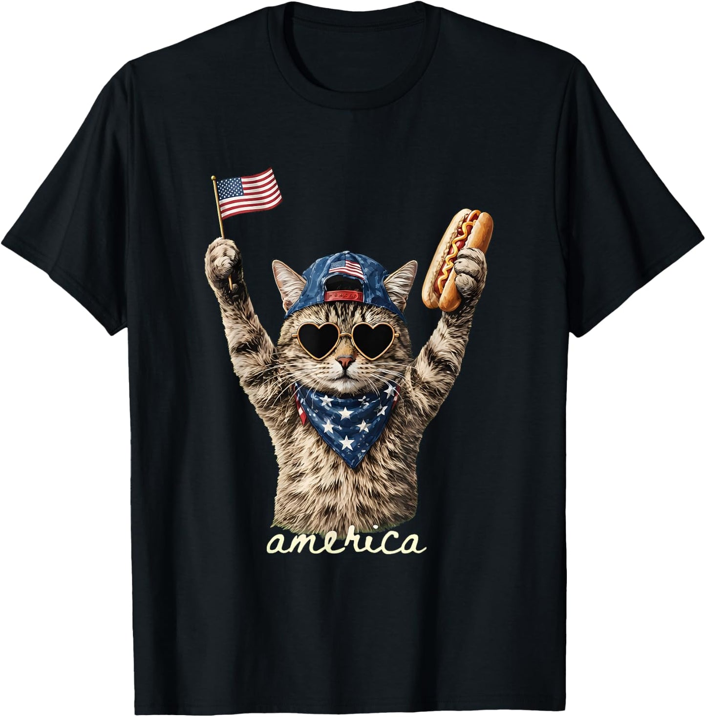 Funny America Cat Hot Dog Lovers Patriotic US Flag T-Shirt - T-Shirt | Black
