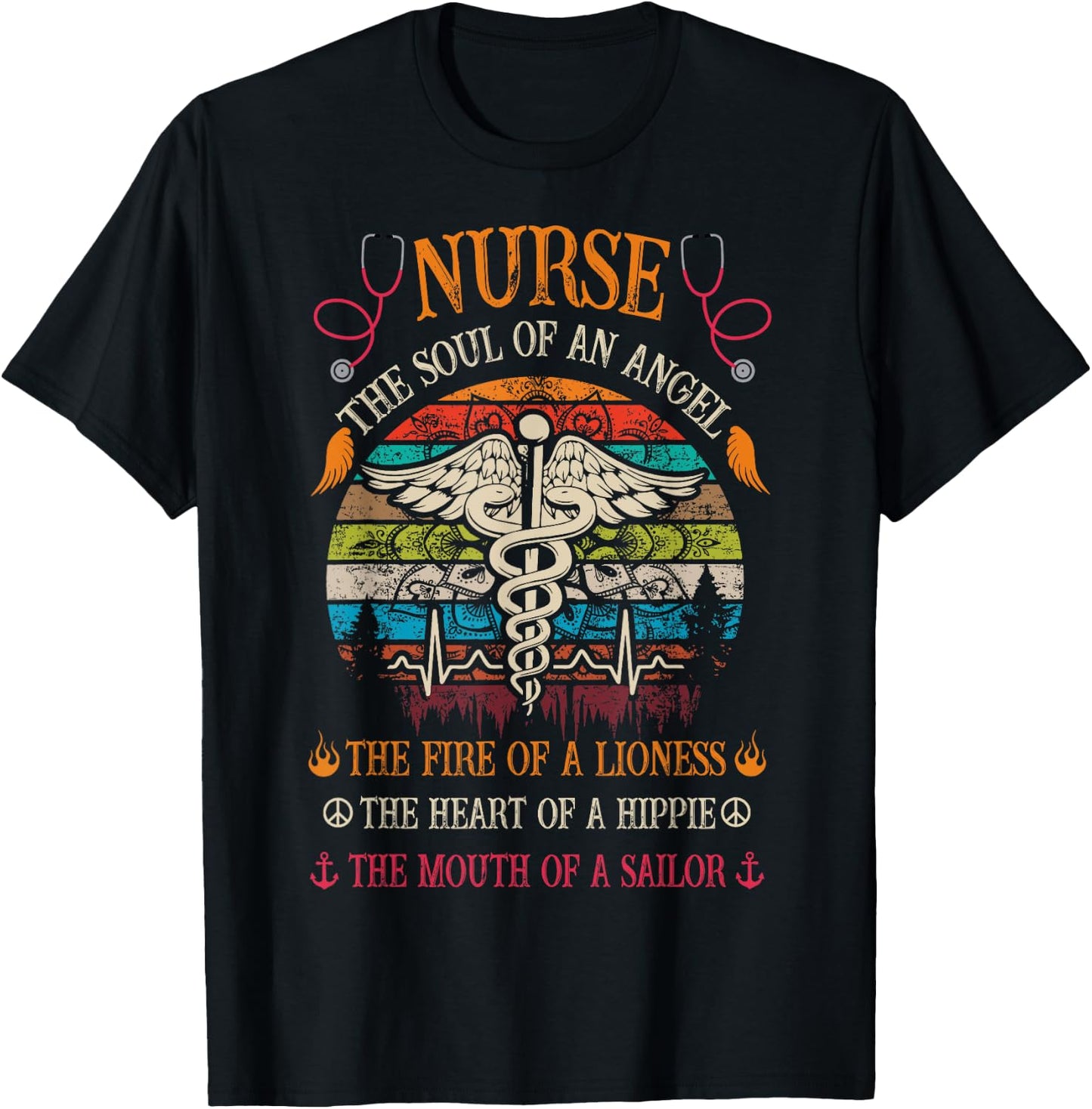 Nurse Soul Of An Angel Fire of A Lioness Vintage Hippie T-Shirt - T-Shirt | Black
