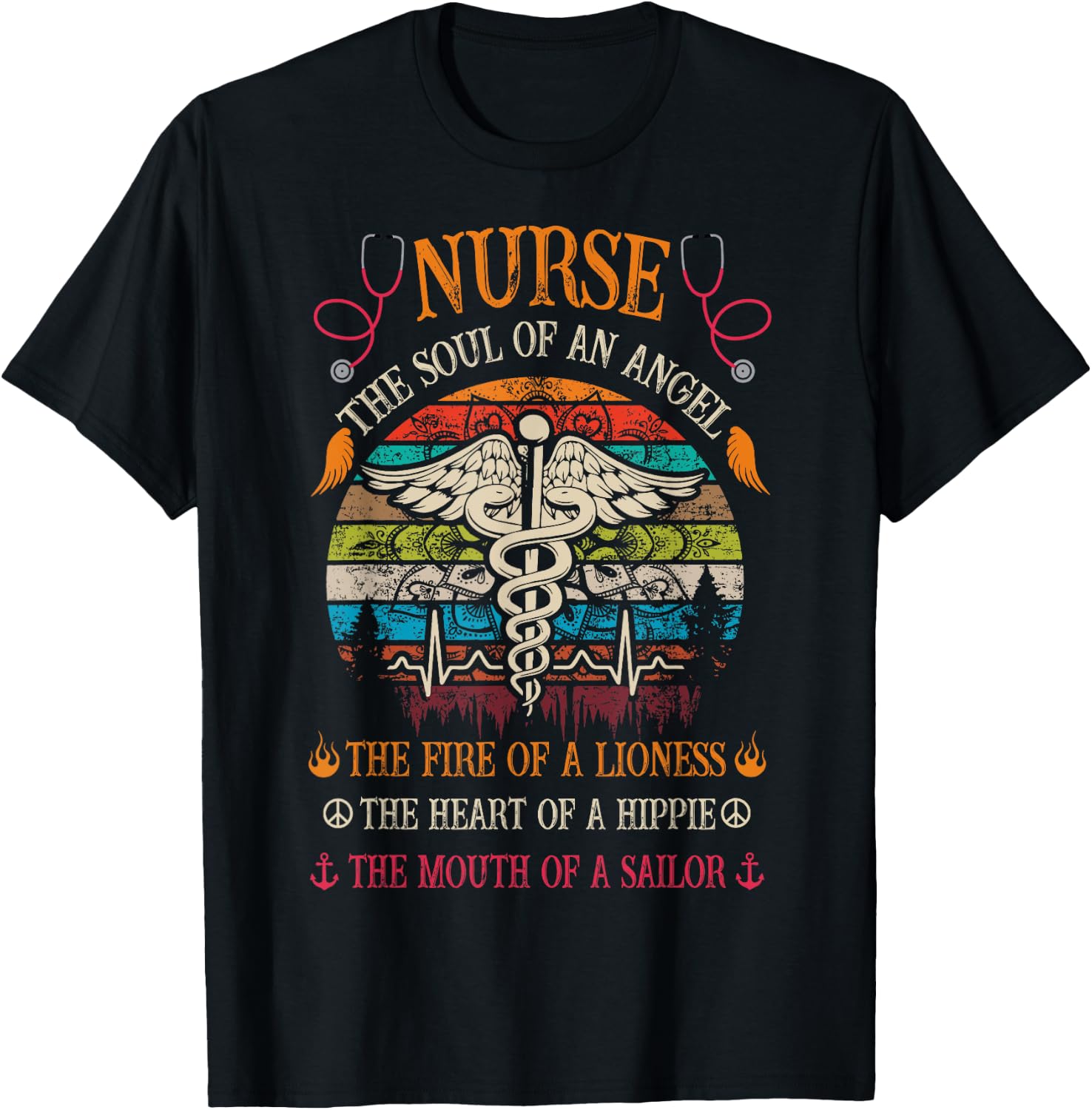 Nurse Soul Of An Angel Fire of A Lioness Vintage Hippie T-Shirt - T-Shirt | Black