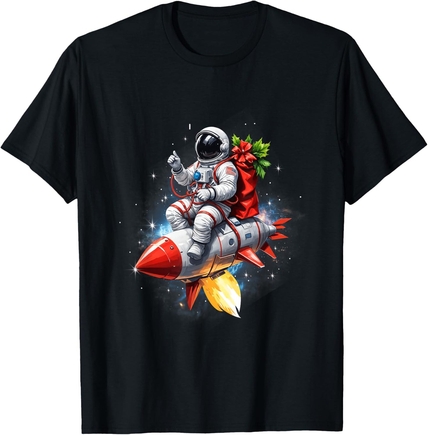 Astronaut Riding Rocket Planets Funny Christmas Kids Teens T-Shirt - T-Shirt | Black