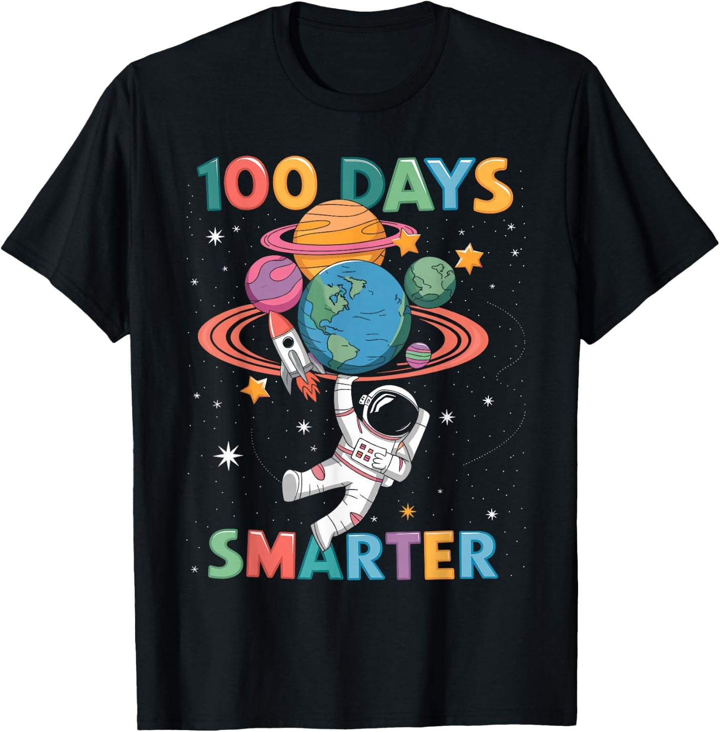 100 Days Smarter 100th Day of School Kids Astronaut Space T-Shirt - T-Shirt | Black