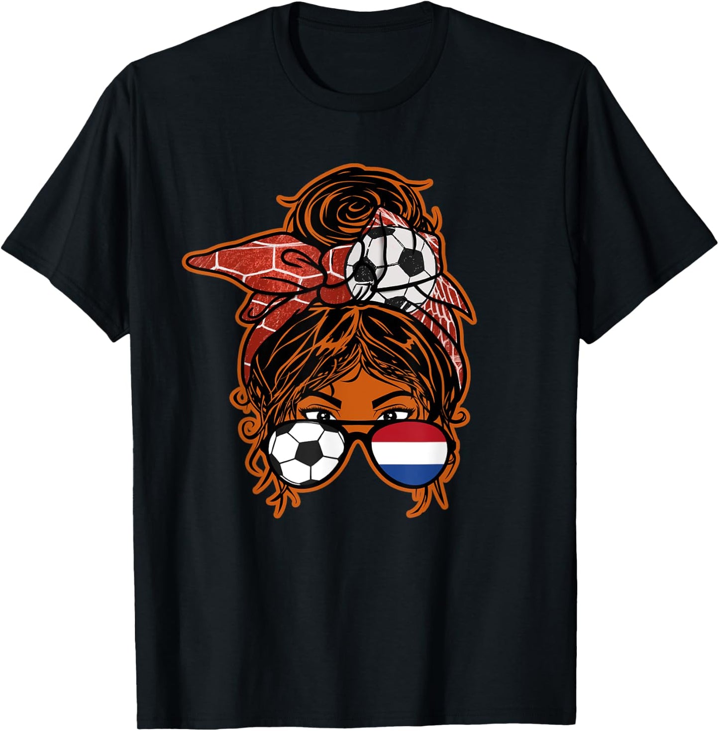 Messy Bun Hair Brown Skin Soccer Girl Netherlands Jersey T-Shirt - T-Shirt | Black