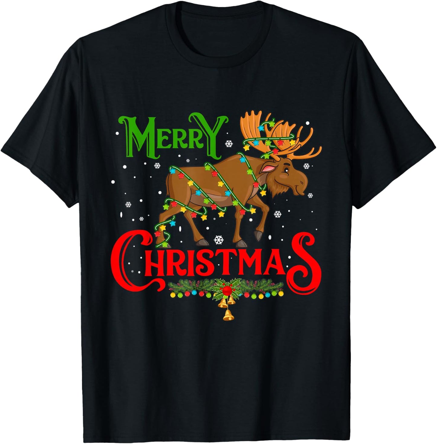 Merry Christmoose Christmas Moose Xmas Tree Lights Around T-Shirt - T-Shirt | Black