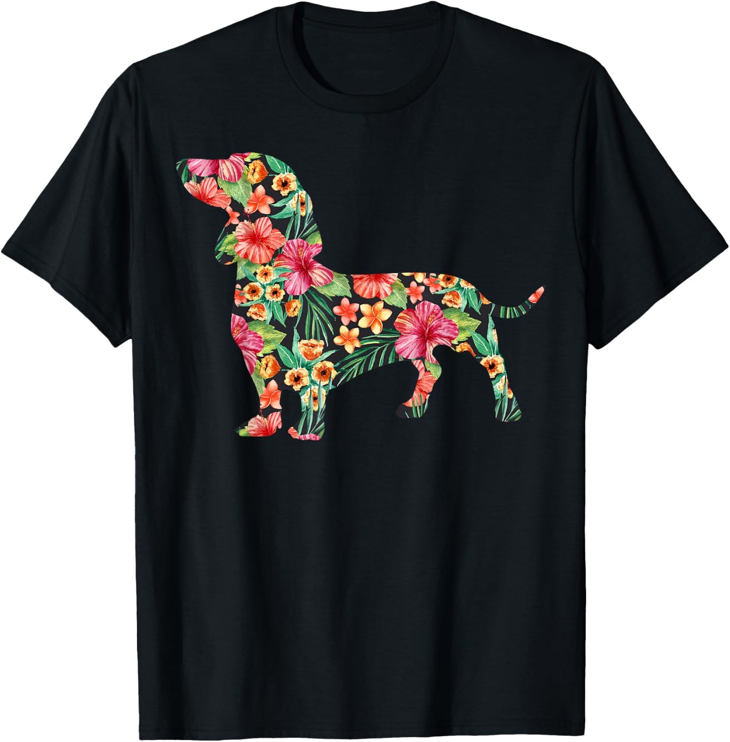 Dachshund Flower Funny Dog Silhouette Floral Gifts Women Men T-Shirt - T-Shirt | Black