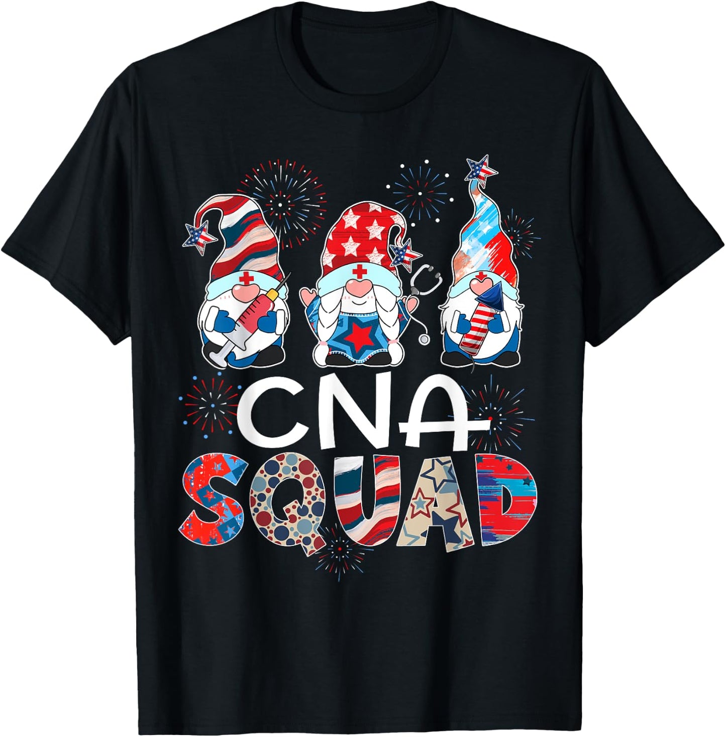 CNA Squad Gnomes 4th Of July Pride Nurse Stethoscope Women Men T-Shirt - T-Shirt | Black
