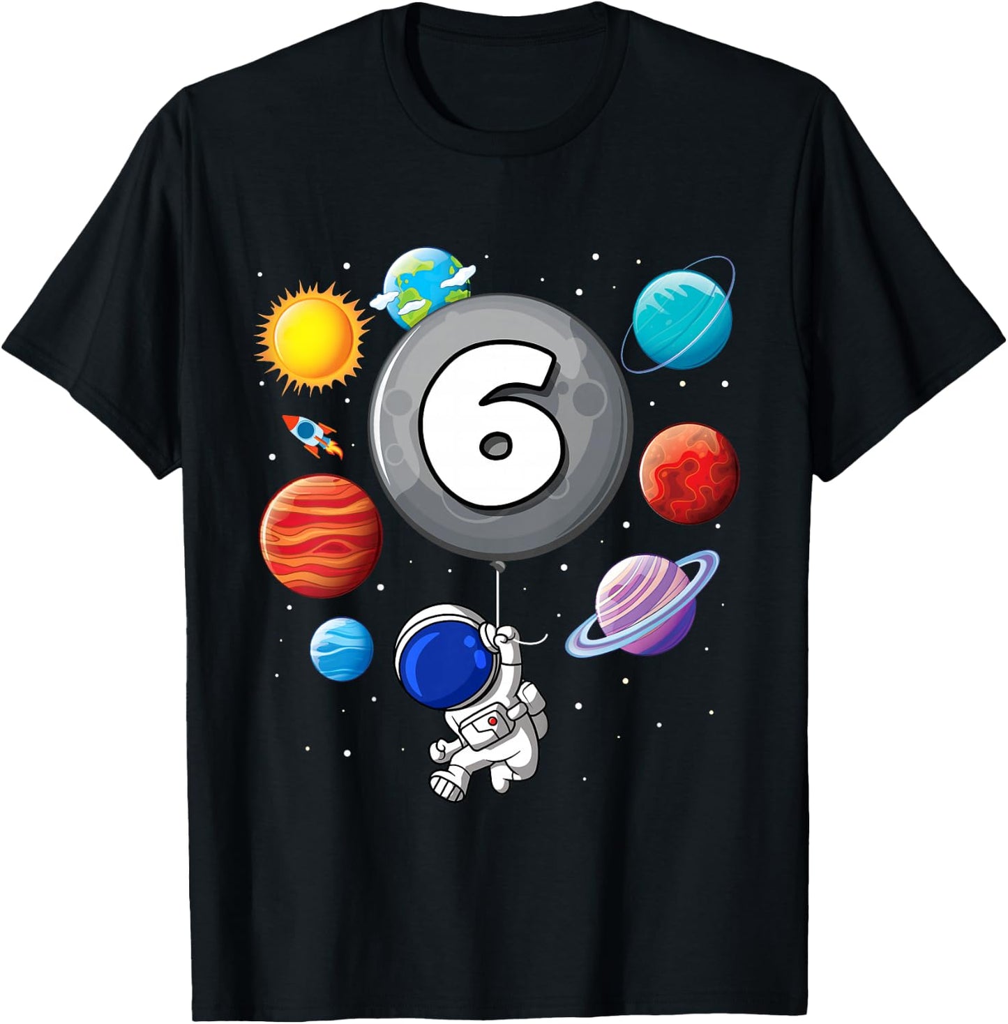 Kids 6th Birthday Astronaut Balloon Planet 6 Year Old Boy T-Shirt - T-Shirt | Black