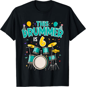 6 Years Old Drummer 6th Birthday Drum Set Drumming T-Shirt - T-Shirt | Black