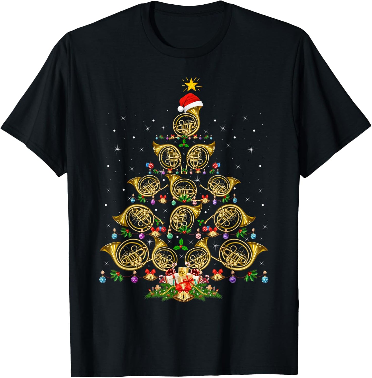 French Horn Lover Christmas Lighting French Horn Xmas Tree T-Shirt - T-Shirt | Black