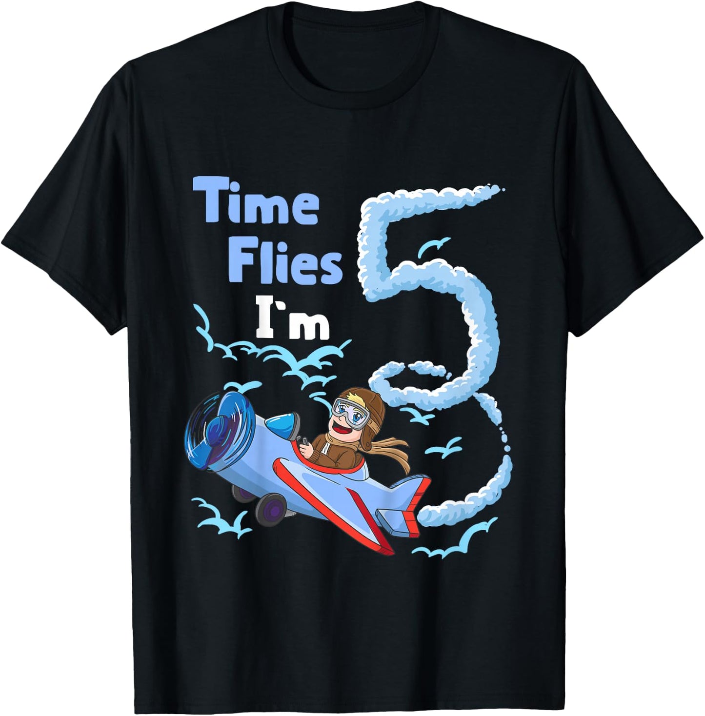 5th Birthday Time Flies Im 5 Pilot Airplane T-Shirt - T-Shirt | Black