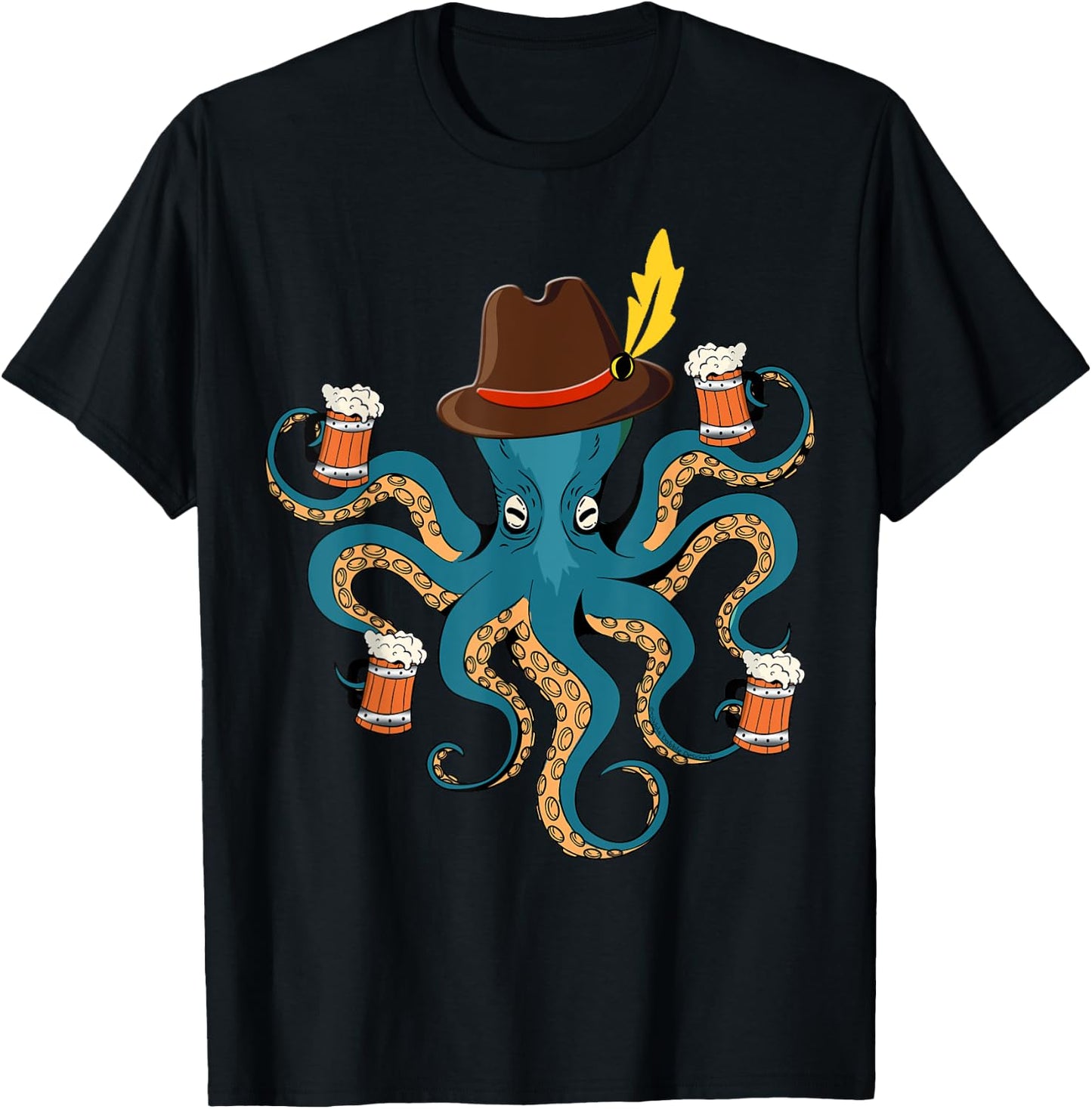 Funny Oktoberfest Octopus with Beer German Hat - Oktoberfest T-Shirt - T-Shirt | Black