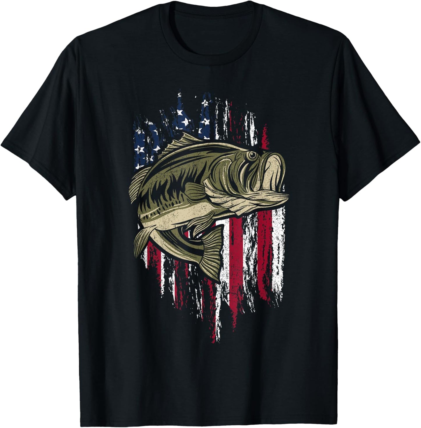 Bass Fishing American Flag 4th of July Gift Fisherman T-Shirt - T-Shirt | Black