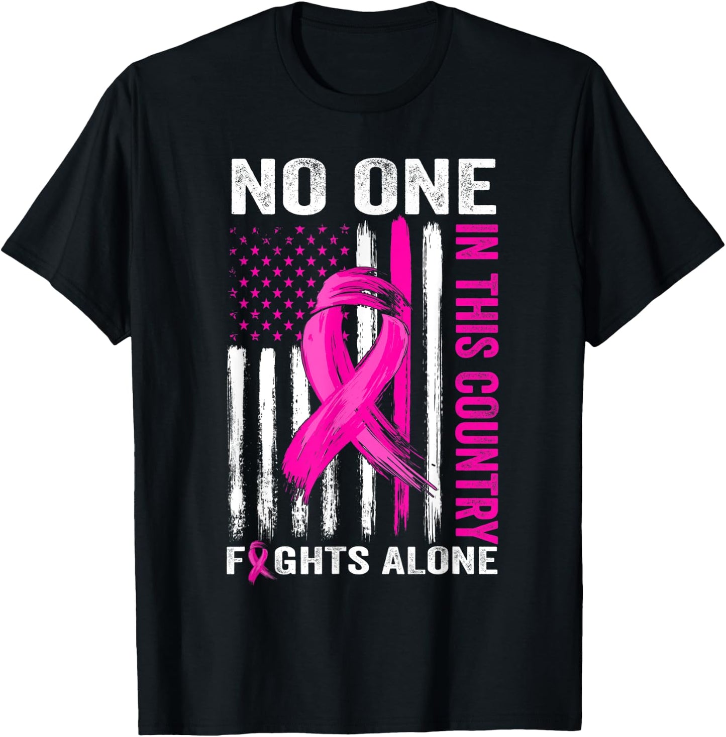 No One Fight Alone Breast Cancer Warrior US Flag Pink Ribbon T-Shirt - T-Shirt | Black