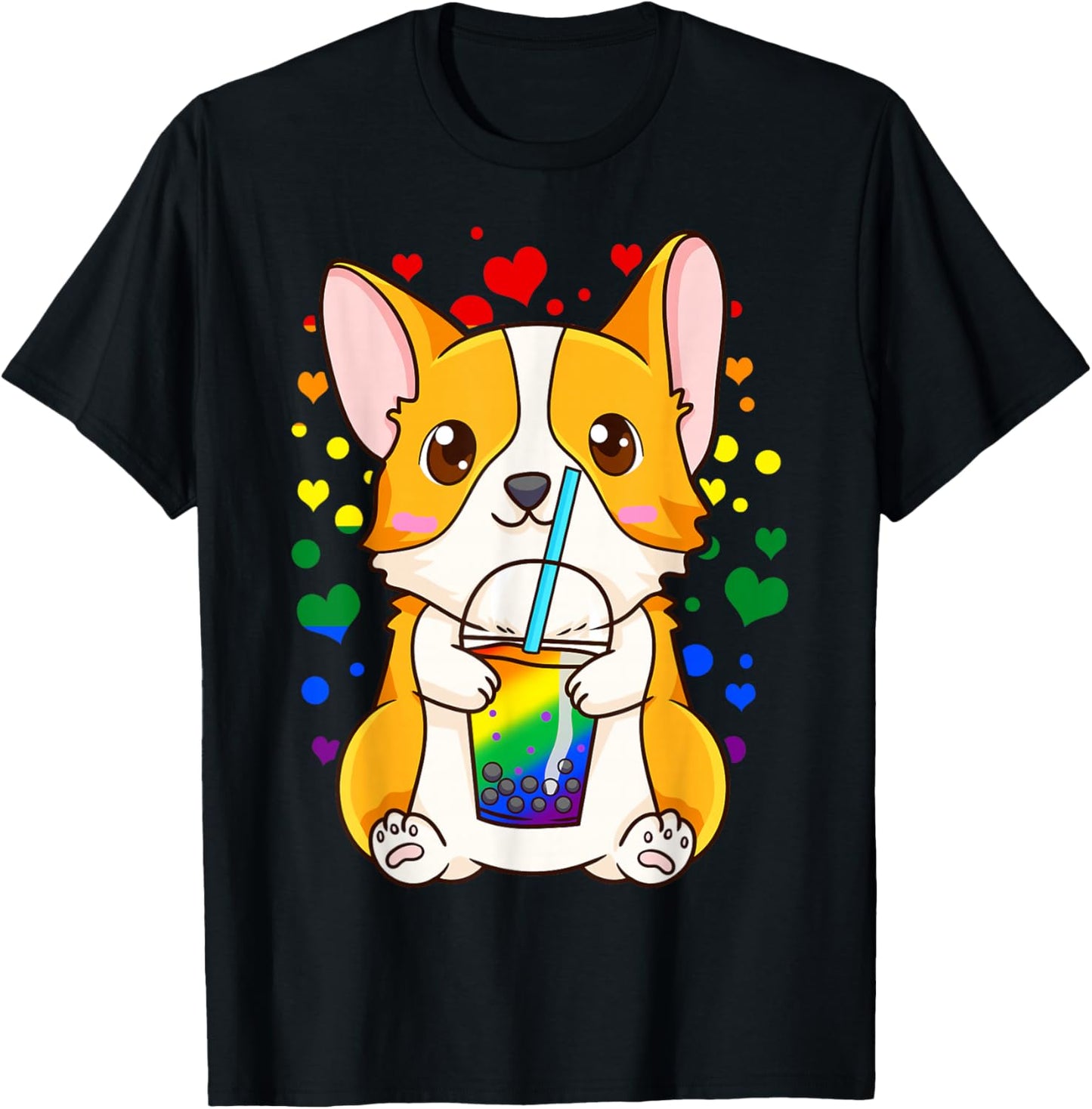 Boba Tea Bubble Tea Cute Kawaii Corgi Rainbow Pride T-Shirt - T-Shirt | Black
