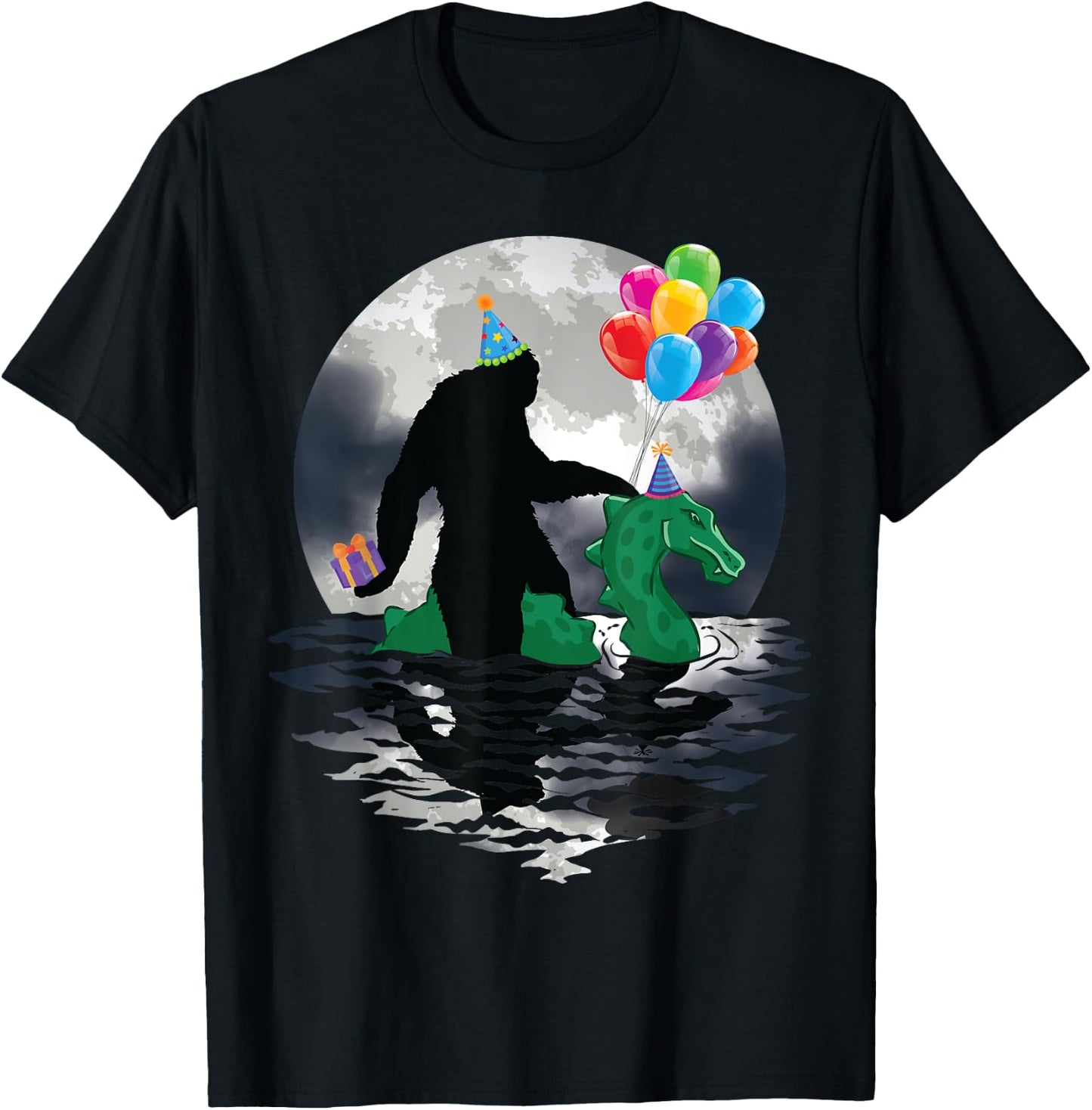 Funny Bigfoot Riding Loch Ness Monster Birthday Celebration T-Shirt - T-Shirt | Black