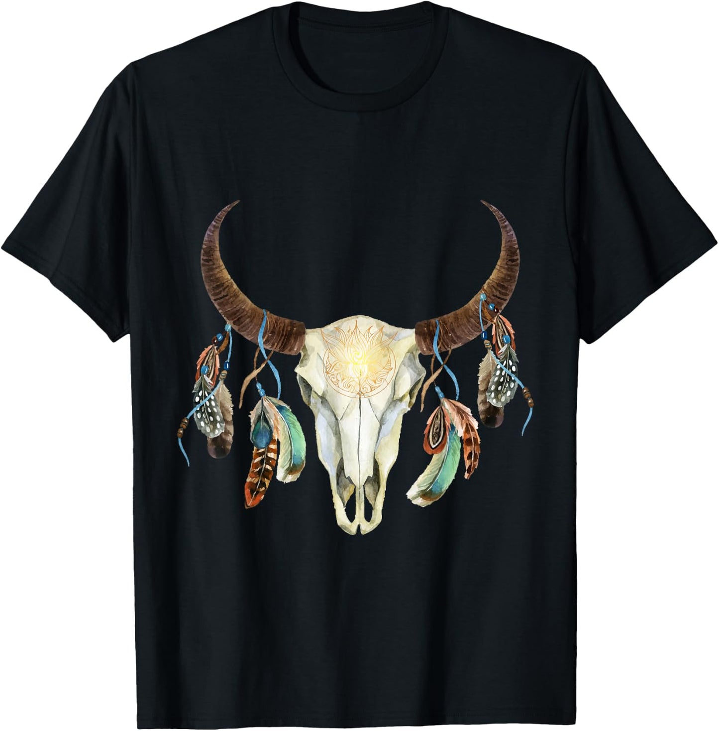 Longhorn Bull Skull Boho Life Cowboy Sunset Aztec Art T-Shirt - T-Shirt | Black