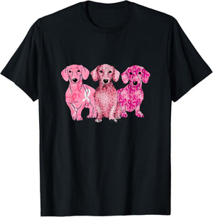 Breast Cancer Dachshunds Pink Dachshunds Ribbon Doxie's T-Shirt - T-Shirt | Black