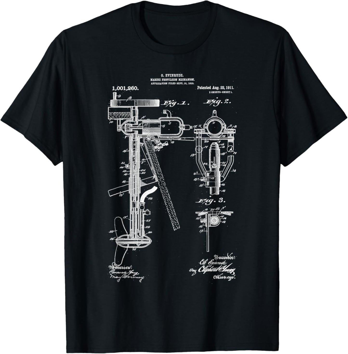 Vintage Patent Print 1911 Outboard Boat Motor Cool Blueprint T-Shirt - T-Shirt | Black