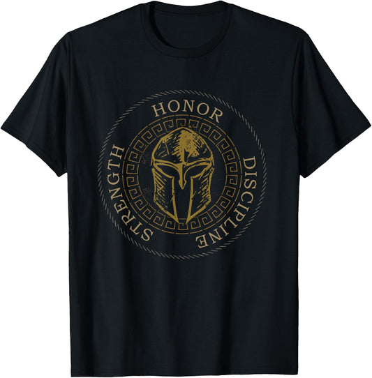 Honor Strength Discipline Warrior Spartan Soldier Helmet T-Shirt - T-Shirt | Black
