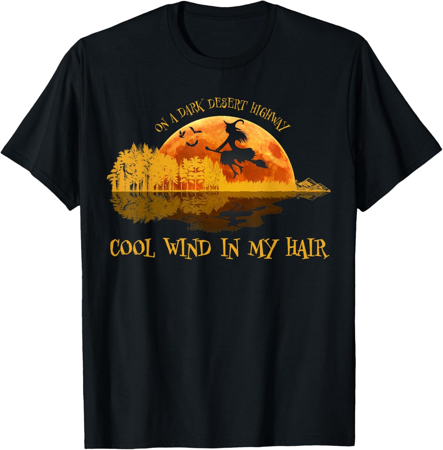Flying Witch Riding Her Broom On A Desert Highways Halloween T-Shirt - T-Shirt | Black