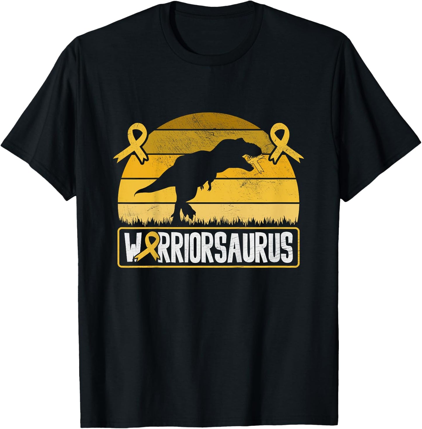 Warriorsaurus Childhood Cancer Awareness Warrior Gold Ribbon T-Shirt - T-Shirt | Black