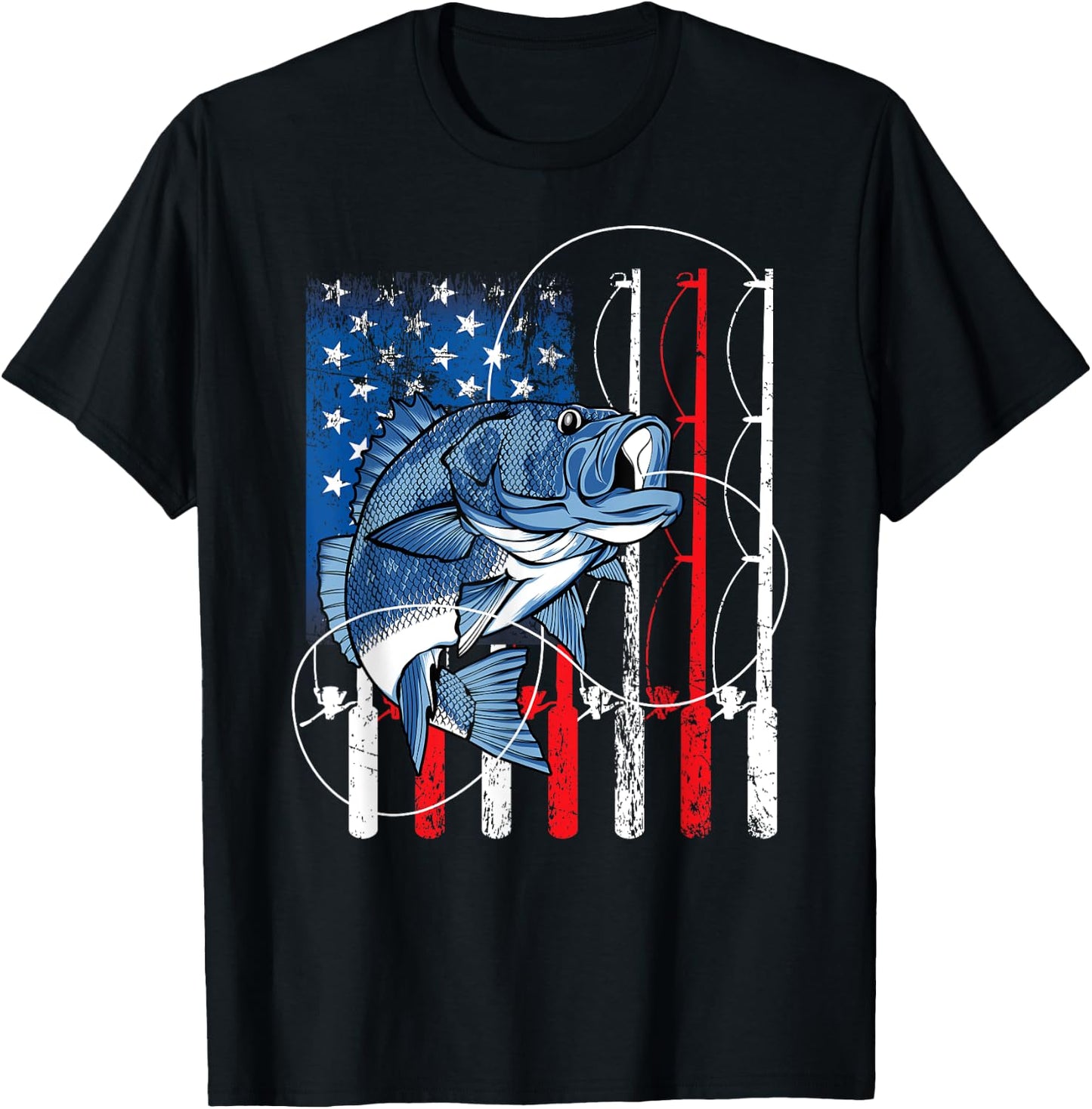 Fishing Vintage American Flag Bass Fisherman Gifts T-Shirt - T-Shirt | Black