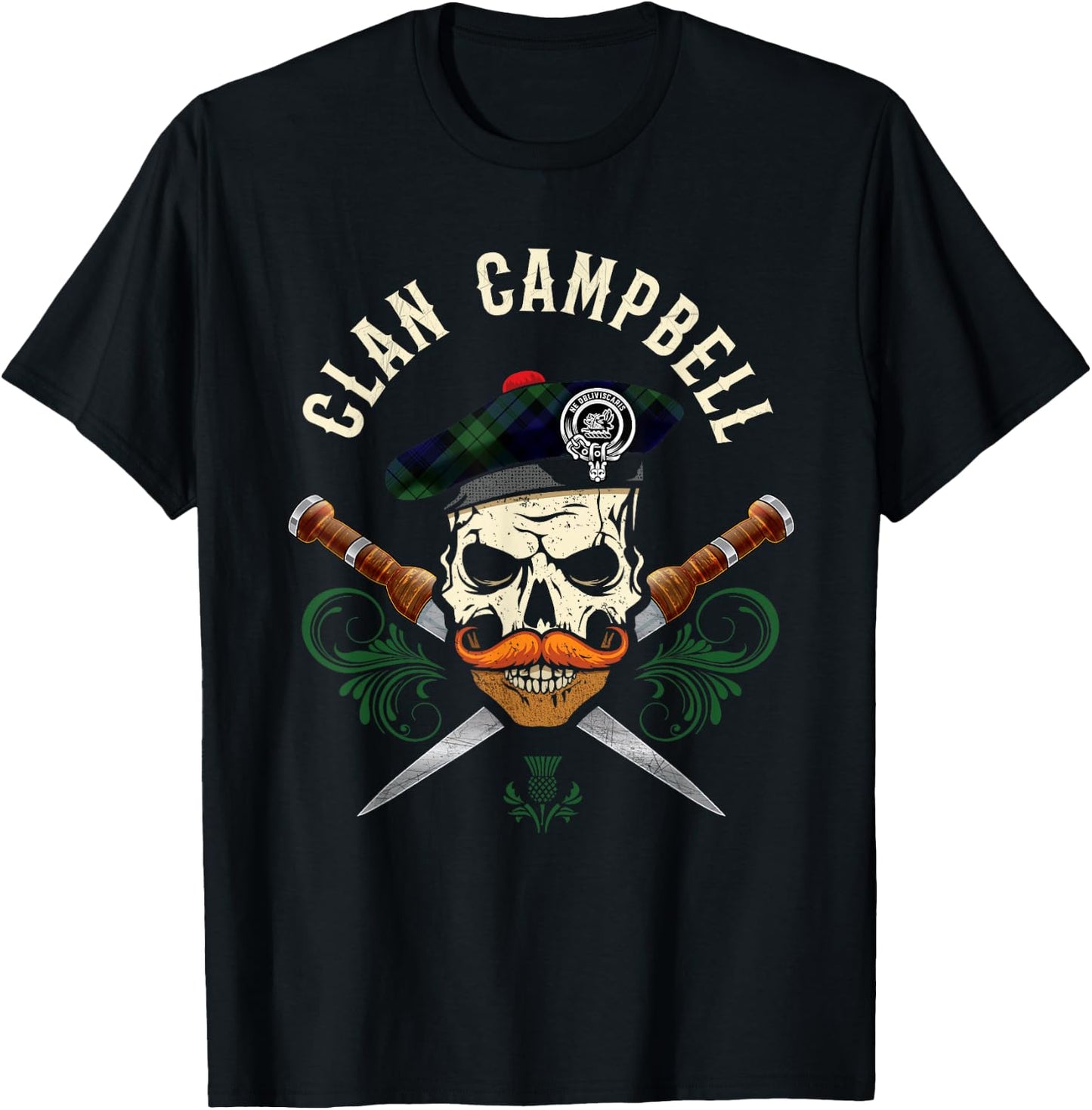 Campbell Surname Scottish Clan Skull Tam Dirks Tartan Badge T-Shirt - T-Shirt | Black